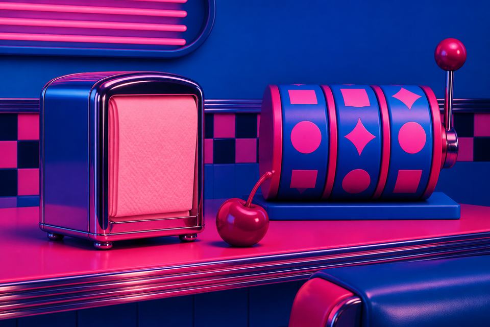Retro diner countertop with abstract reel shapes in blue and magenta