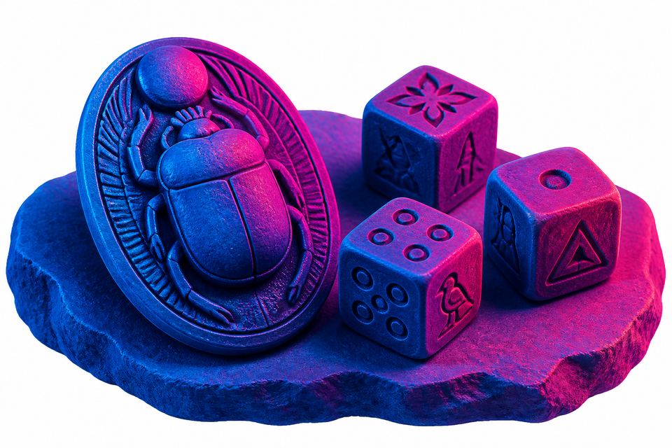 Carved dice and scarab motif illustration in blue and magenta tones