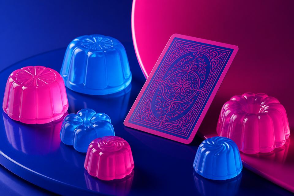 Glossy sweets beside a playing card in a duotone blue and magenta treatment
