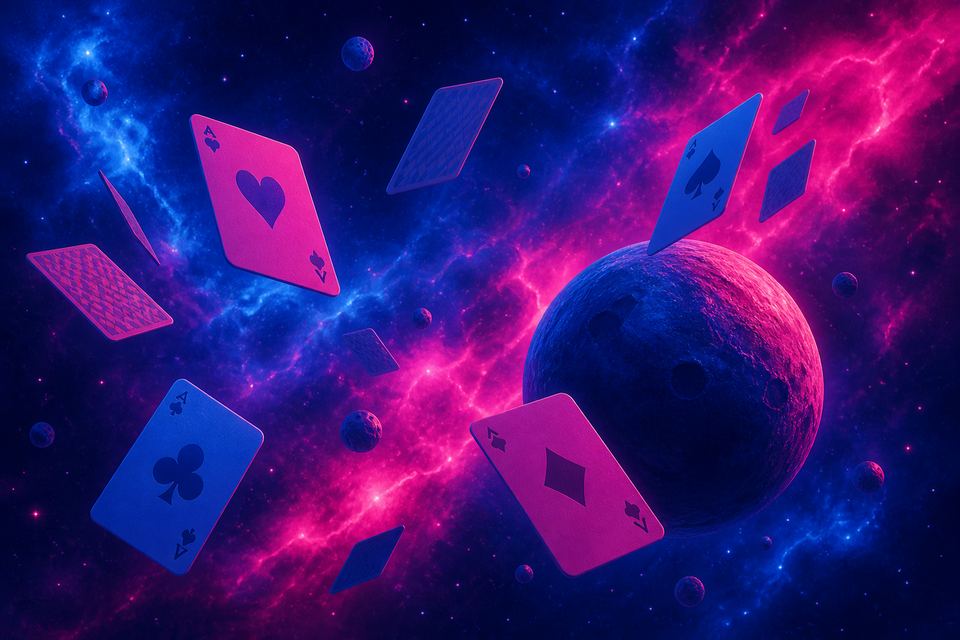 Playing cards against a deep-space illustration in electric blue and magenta